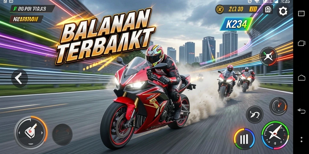Gameplay K234 yang mendebarkan dengan motor balap menawan.