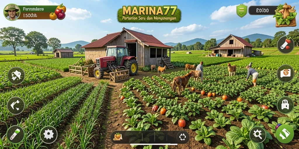 Tampilan gameplay <strong>MARINA77</strong> yang menarik dengan pertanian yang berwarna-warni.