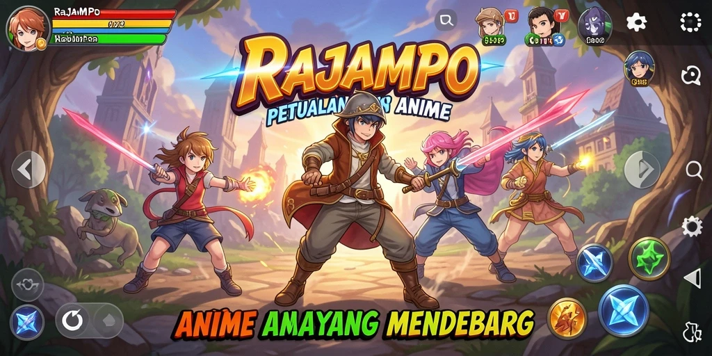 Gambaran dinamis gameplay RAJAMPO dengan karakter anime yang menarik.