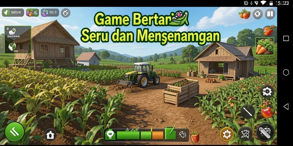 Tangkapan layar gameplay <strong>RATU123</strong> yang menampilkan kebun yang subur dan hewan ternak.